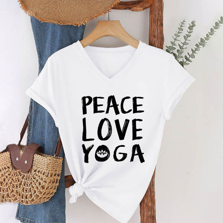 T-shirt da donna con scollo a V Olivenorma Peace Love Lotus Yoga con grafica e testo. - image 25