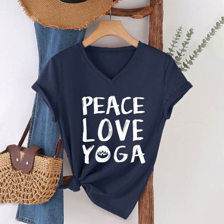 T-shirt da donna con scollo a V Olivenorma Peace Love Lotus Yoga con grafica e testo. - image 28