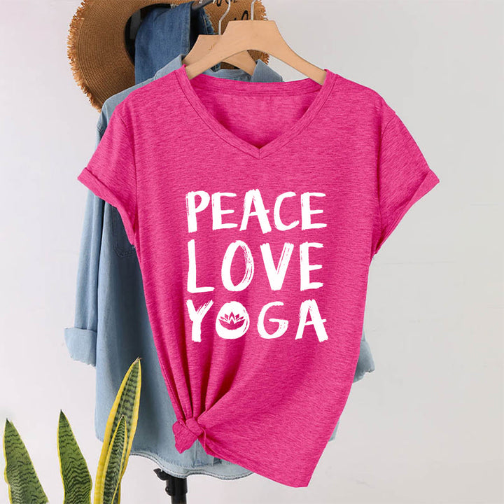 T-shirt da donna con scollo a V Olivenorma Peace Love Lotus Yoga con grafica e testo. - image 4