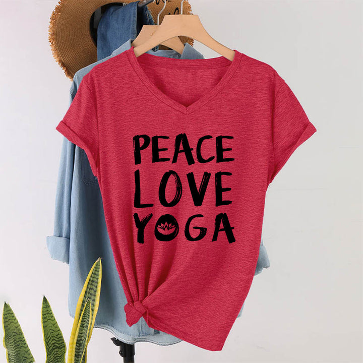 T-shirt da donna con scollo a V Olivenorma Peace Love Lotus Yoga con grafica e testo. - image 31