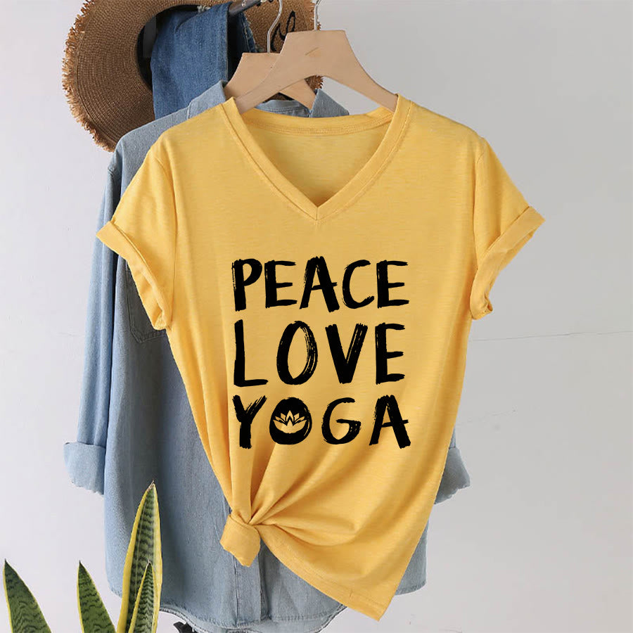 T-shirt da donna con scollo a V Olivenorma Peace Love Lotus Yoga con grafica e testo. - image 34