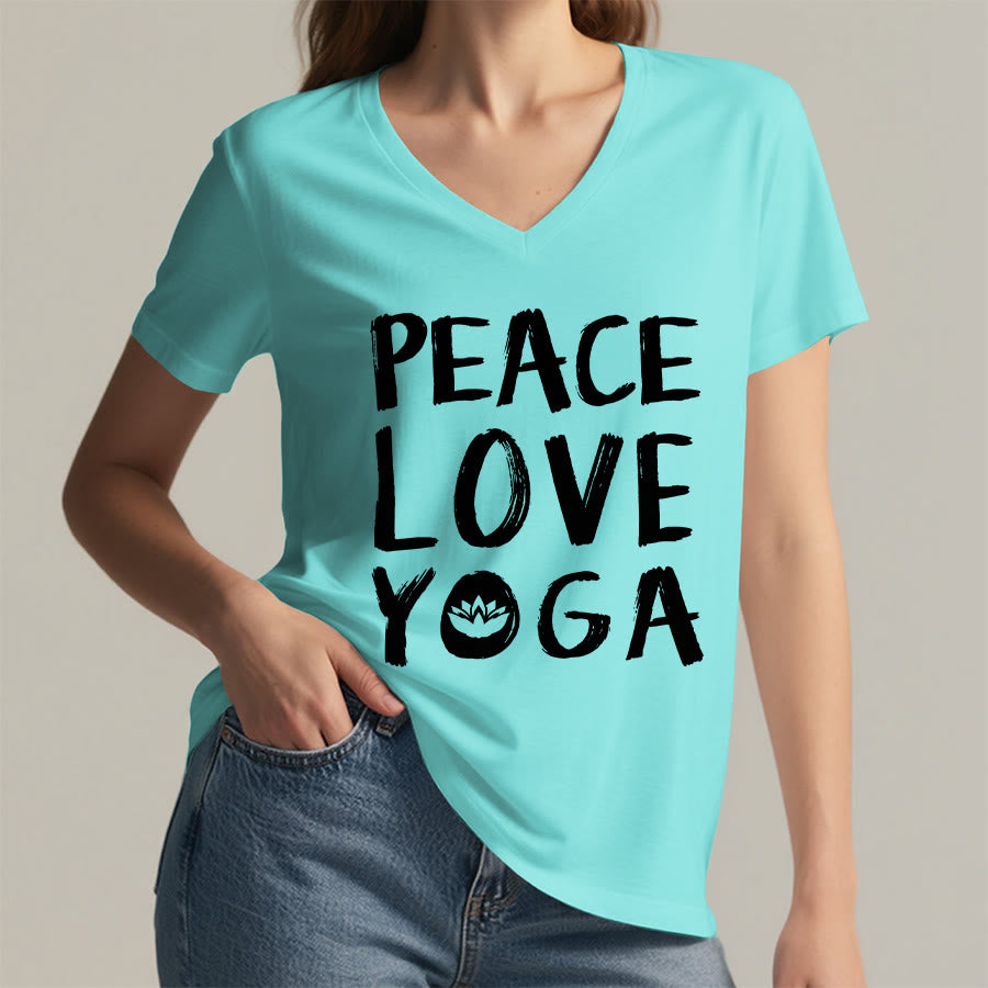 T-shirt da donna con scollo a V Olivenorma Peace Love Lotus Yoga con grafica e testo. - image 20