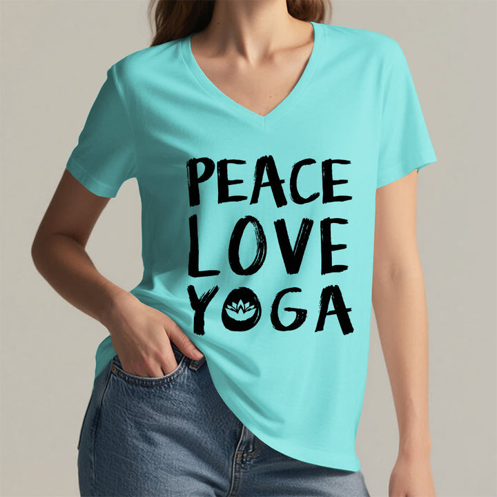 T-shirt da donna con scollo a V Olivenorma Peace Love Lotus Yoga con grafica e testo. - image 20