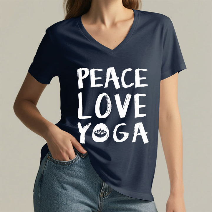 T-shirt da donna con scollo a V Olivenorma Peace Love Lotus Yoga con grafica e testo. - image 29