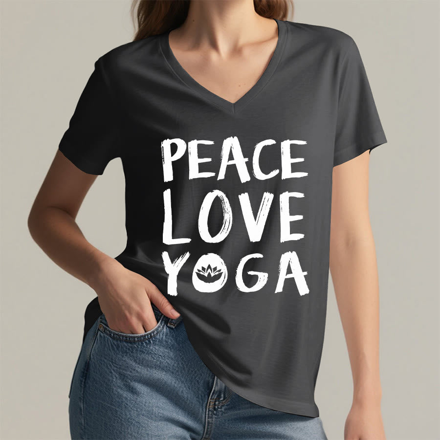 T-shirt da donna con scollo a V Olivenorma Peace Love Lotus Yoga con grafica e testo. - image 23