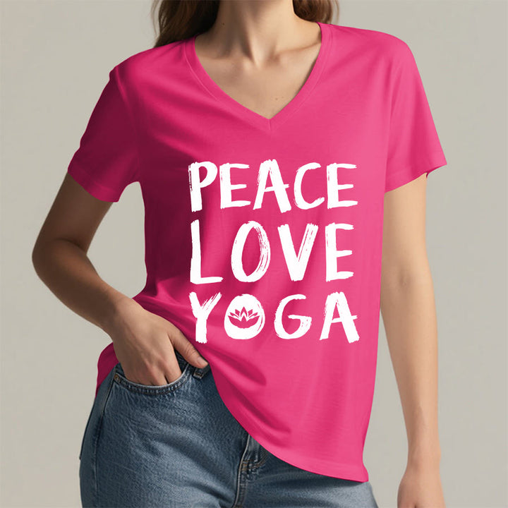 T-shirt da donna con scollo a V Olivenorma Peace Love Lotus Yoga con grafica e testo. - image 5