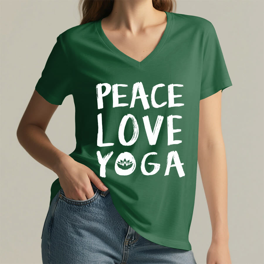 T-shirt da donna con scollo a V Olivenorma Peace Love Lotus Yoga con grafica e testo. - image 8