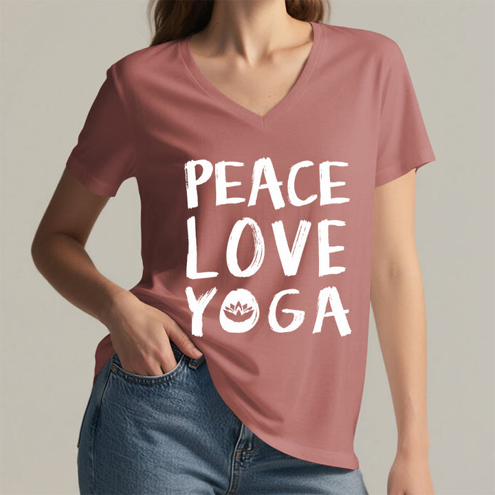 T-shirt da donna con scollo a V Olivenorma Peace Love Lotus Yoga con grafica e testo. - image 17