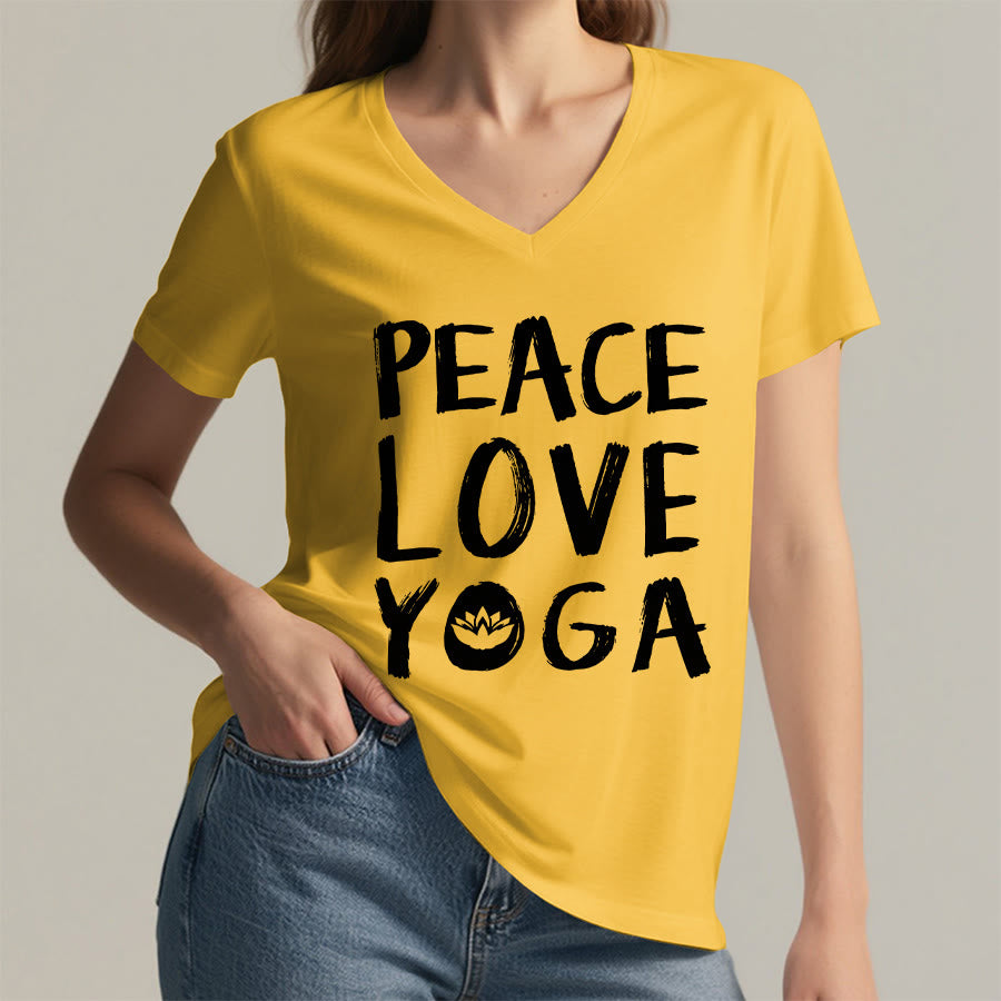 T-shirt da donna con scollo a V Olivenorma Peace Love Lotus Yoga con grafica e testo. - image 35