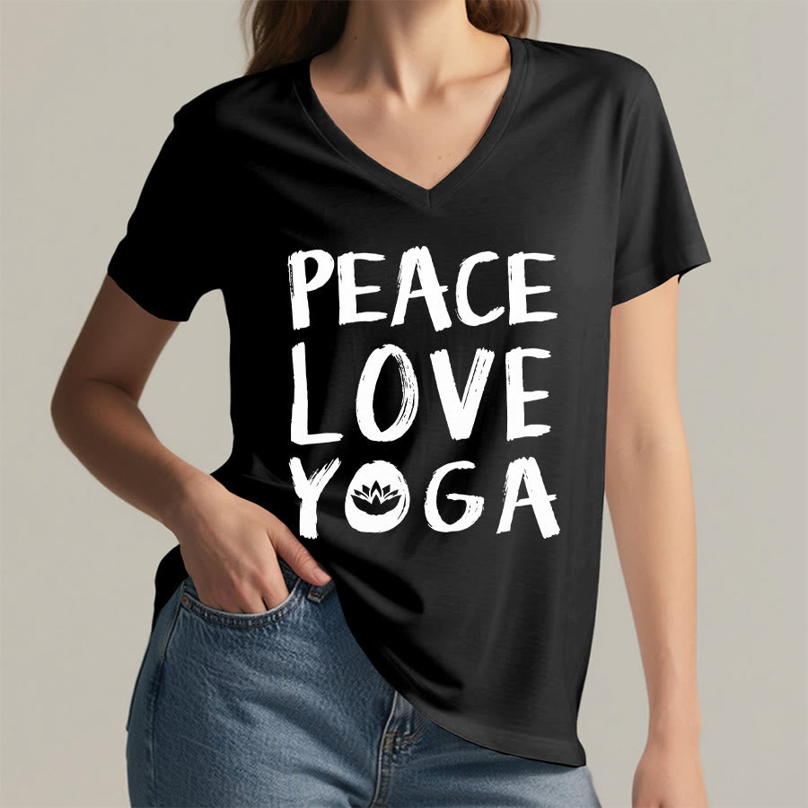 T-shirt da donna con scollo a V Olivenorma Peace Love Lotus Yoga con grafica e testo. - image 2