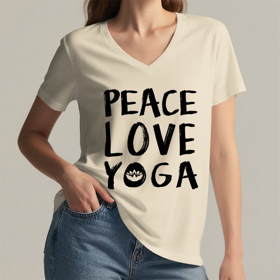 T-shirt da donna con scollo a V Olivenorma Peace Love Lotus Yoga con grafica e testo. - image 14