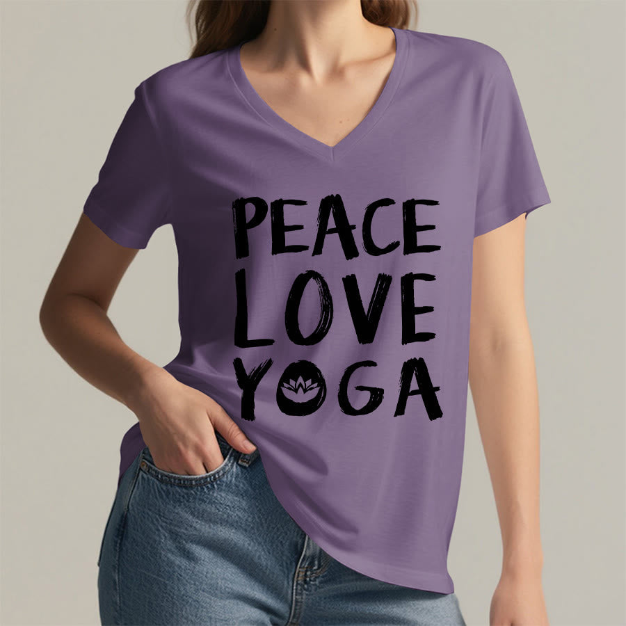 T-shirt da donna con scollo a V Olivenorma Peace Love Lotus Yoga con grafica e testo. - image 38