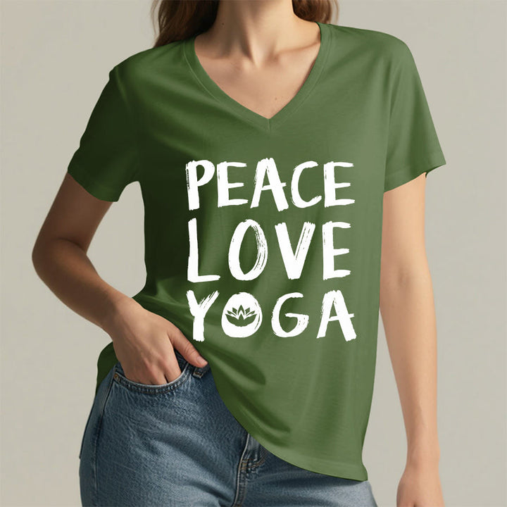 T-shirt da donna con scollo a V Olivenorma Peace Love Lotus Yoga con grafica e testo. - image 11