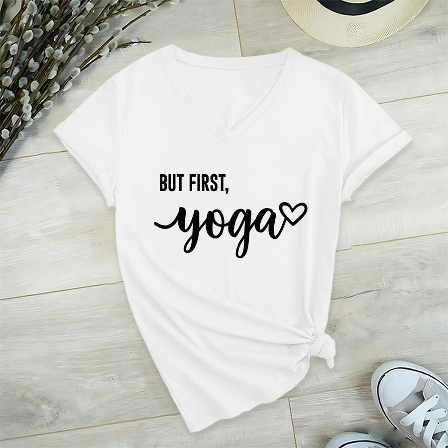 Olivenorma But First Yoga Heart Accent Cursive Text Graphic Women's V Neck T-Shirt - Bianco - 2XL - image 21