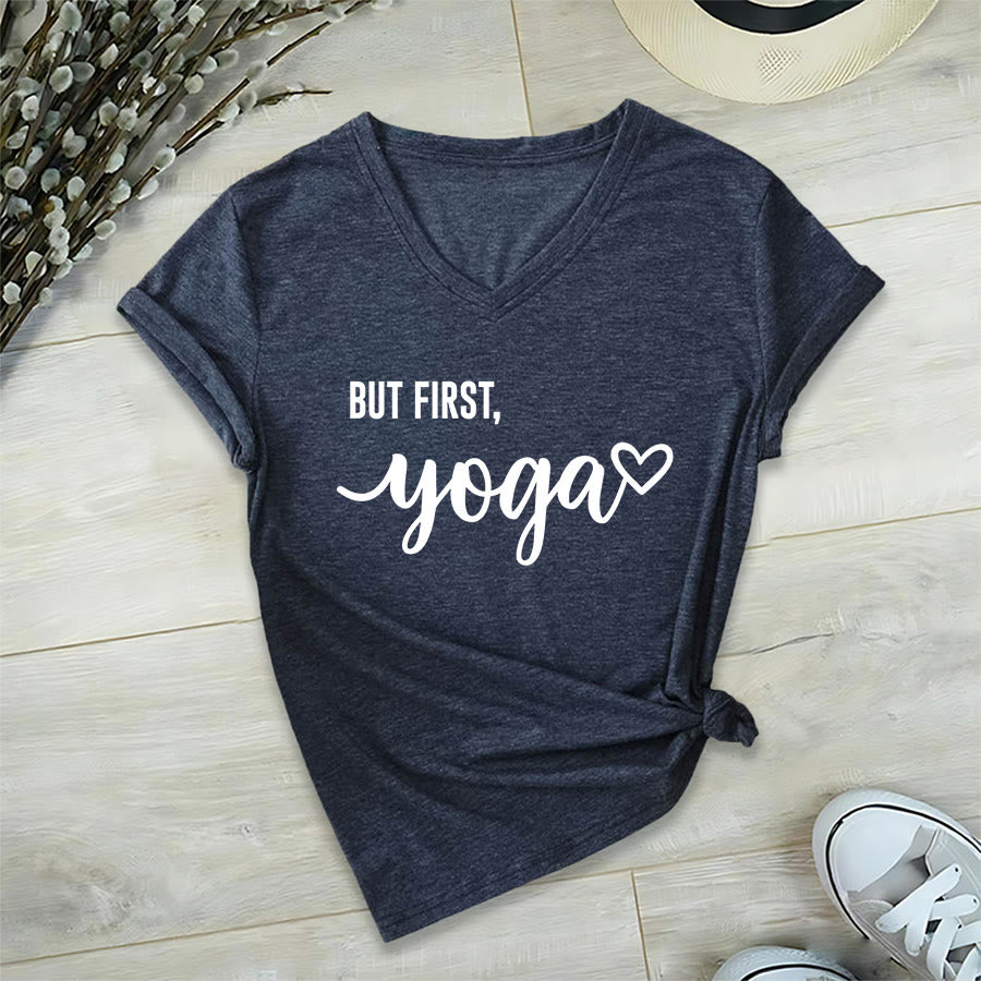 Olivenorma But First Yoga Heart Accent Cursive Text Graphic Women's V Neck T-Shirt - Blu navy - 2XL - image 24