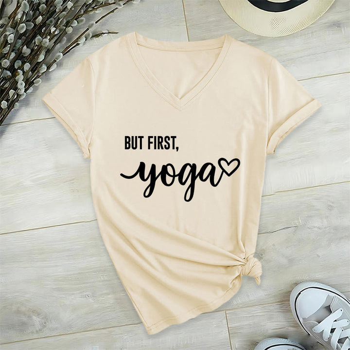 Olivenorma But First Yoga Heart Accent Cursive Text Graphic Women's V Neck T-Shirt - Cachi - 2XL - image 9