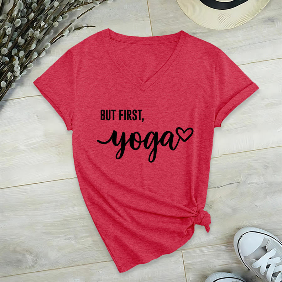 Olivenorma But First Yoga Heart Accent Cursive Text Graphic Women's V Neck T-Shirt - Rosso - 2XL - image 27