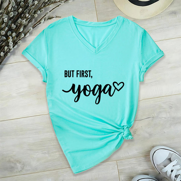 Olivenorma But First Yoga Heart Accent Cursive Text Graphic Women's V Neck T-Shirt - Lago Blu - 2XL - image 15