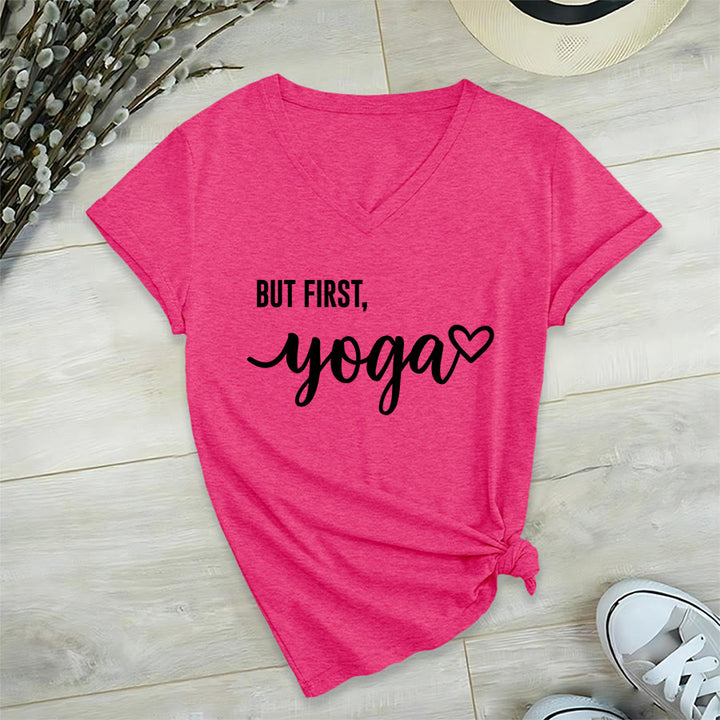 Olivenorma But First Yoga Heart Accent Cursive Text Graphic Women's V Neck T-Shirt - Rosso rosa - 2XL - image 33