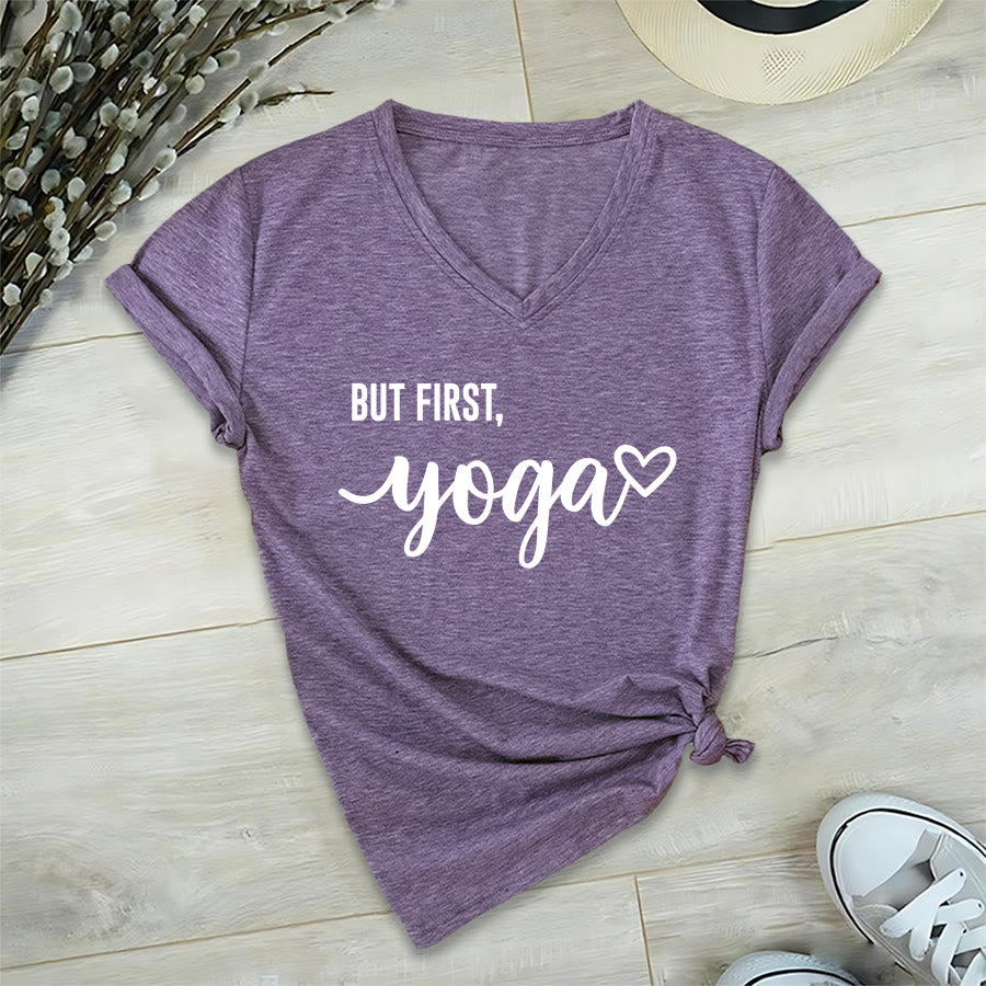 Olivenorma But First Yoga Heart Accent Cursive Text Graphic Women's V Neck T-Shirt - Viola - 2XL - image 36