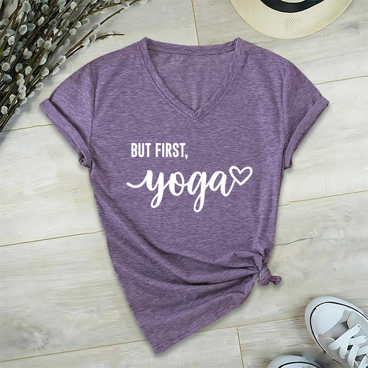 Olivenorma But First Yoga Heart Accent Cursive Text Graphic Women's V Neck T-Shirt - Viola - 2XL - image 36
