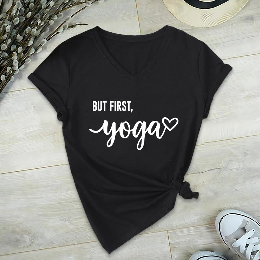 Olivenorma But First Yoga Heart Accent Cursive Text Graphic Women's V Neck T-Shirt - Nero - 2XL - image 18