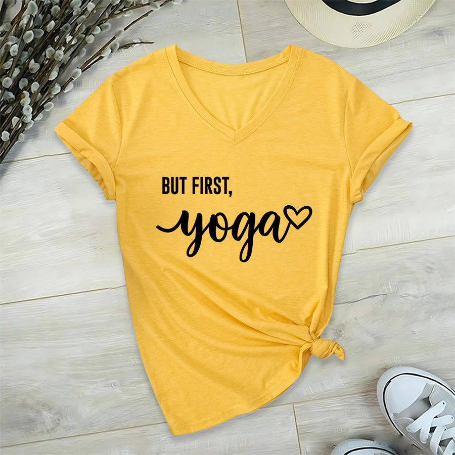Olivenorma But First Yoga Heart Accent Cursive Text Graphic Women's V Neck T-Shirt - Giallo - 2XL - image 30