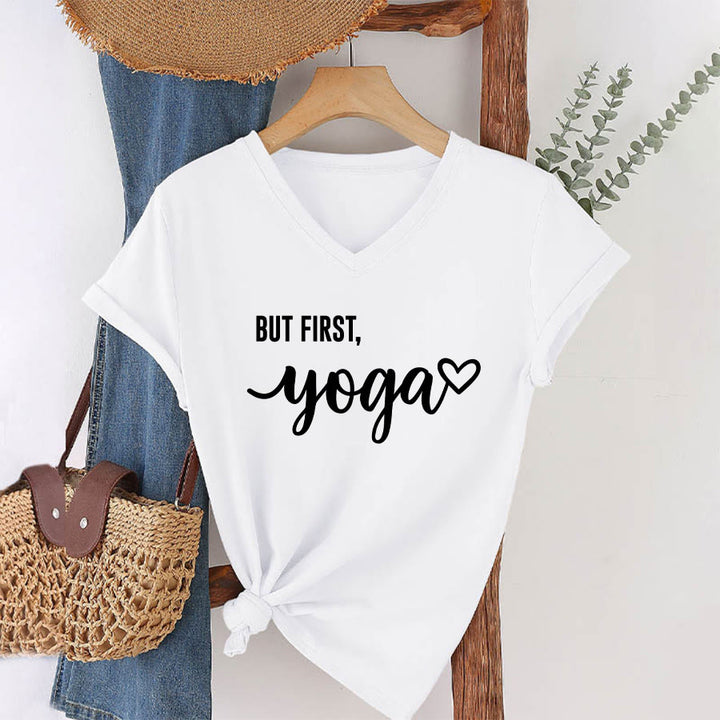 Olivenorma But First Yoga Heart Accent Cursive Text Graphic Women's V Neck T-Shirt - image 22