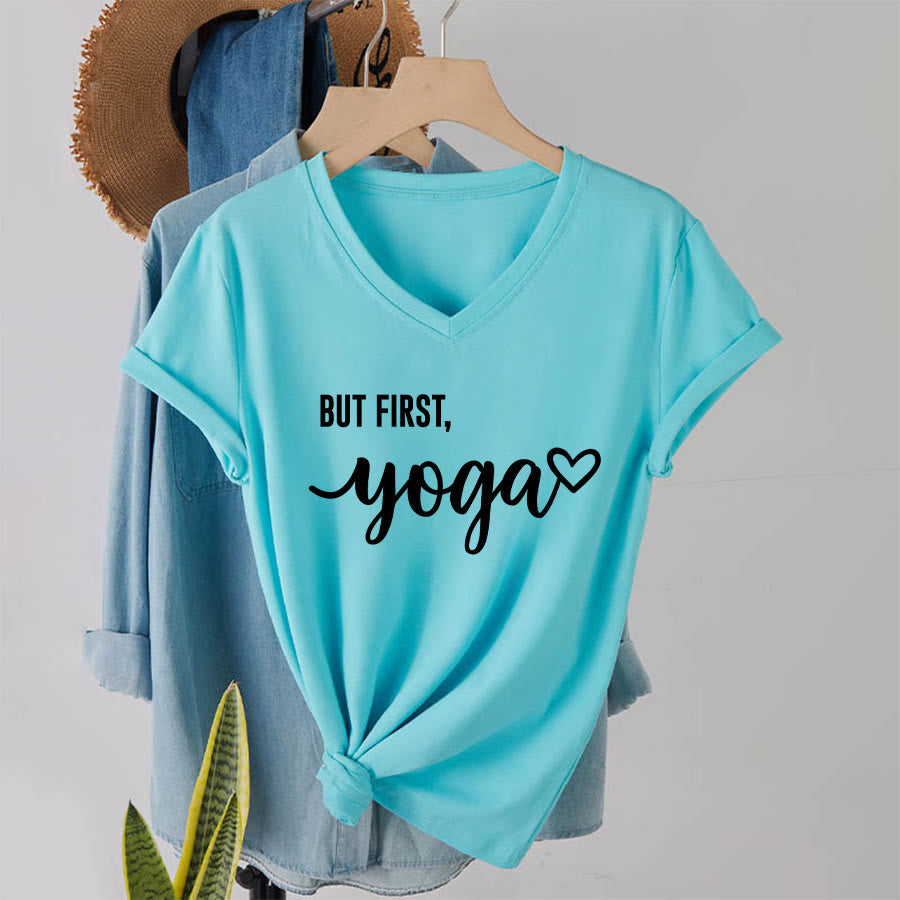 Olivenorma But First Yoga Heart Accent Cursive Text Graphic Women's V Neck T-Shirt - image 16
