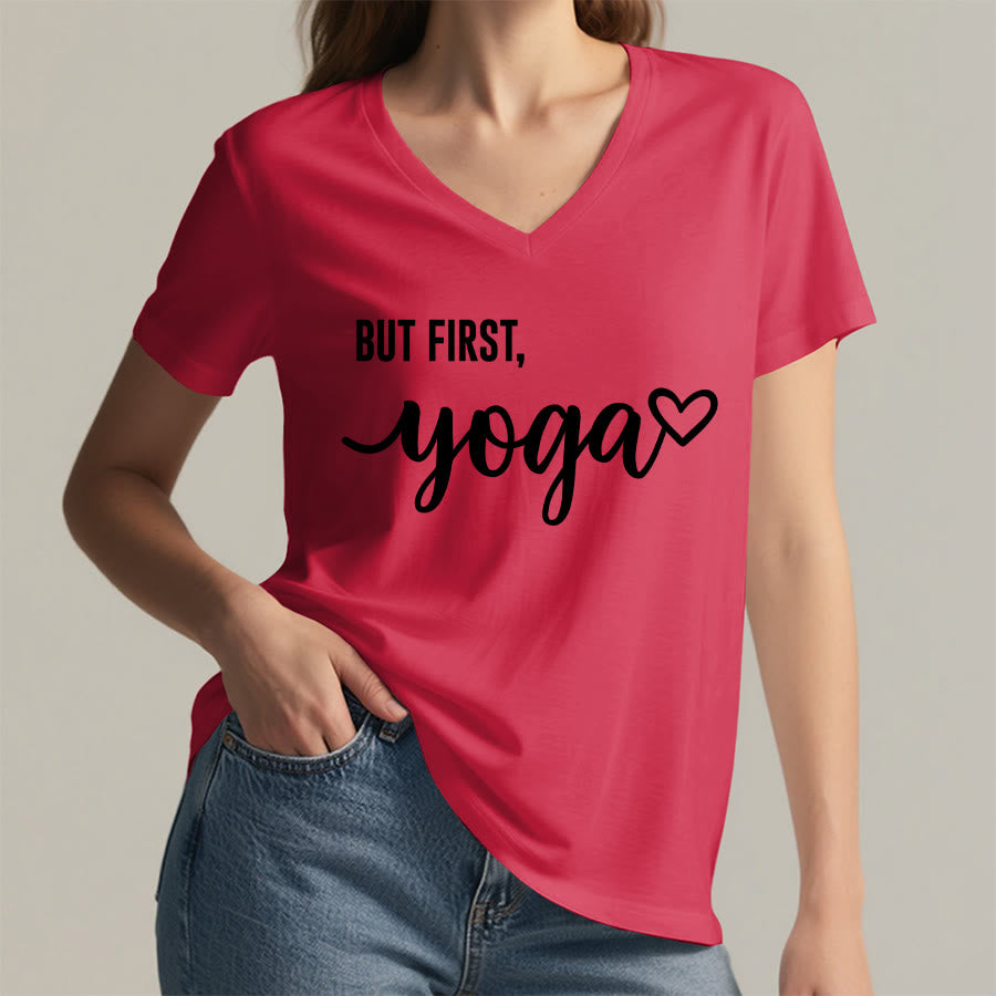 Olivenorma But First Yoga Heart Accent Cursive Text Graphic Women's V Neck T-Shirt - image 29