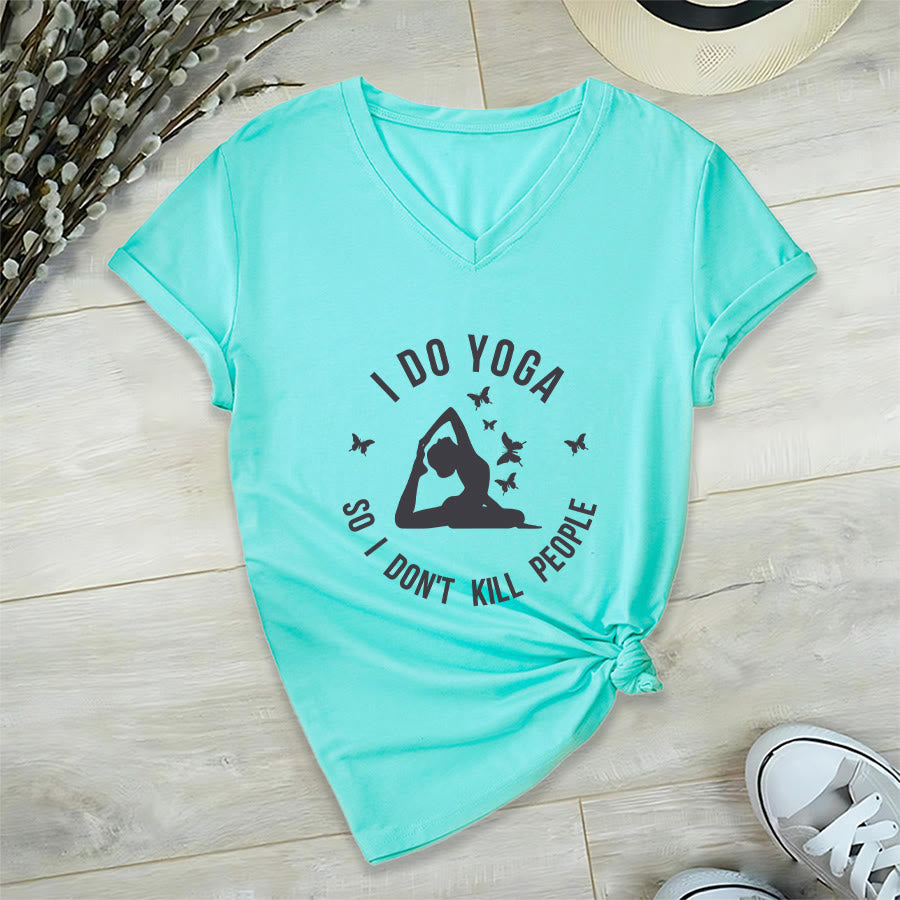 Maglietta da donna con scollo a V Olivenorma con scritta divertente "I Do Yoga Butterfly Crescent Text Graphic". - Lago Blu - 2XL - image 18