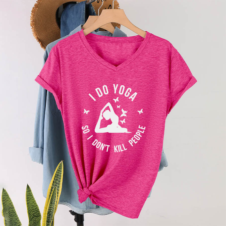 Maglietta da donna con scollo a V Olivenorma con scritta divertente "I Do Yoga Butterfly Crescent Text Graphic". - image 37