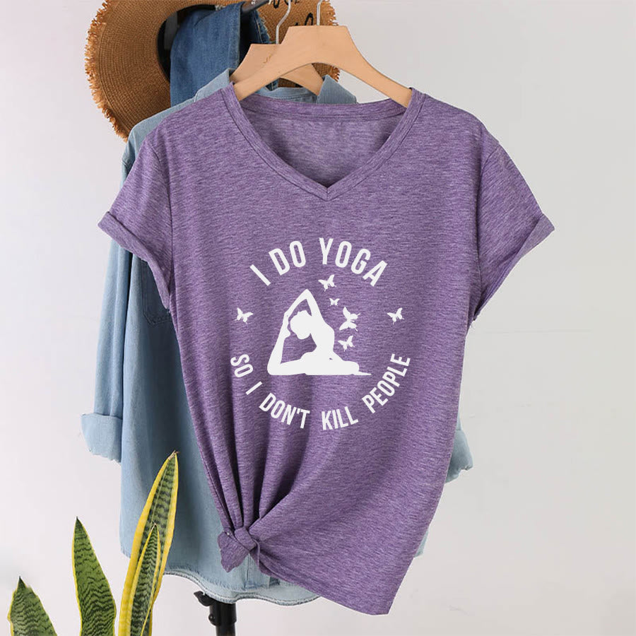 Maglietta da donna con scollo a V Olivenorma con scritta divertente "I Do Yoga Butterfly Crescent Text Graphic". - image 1