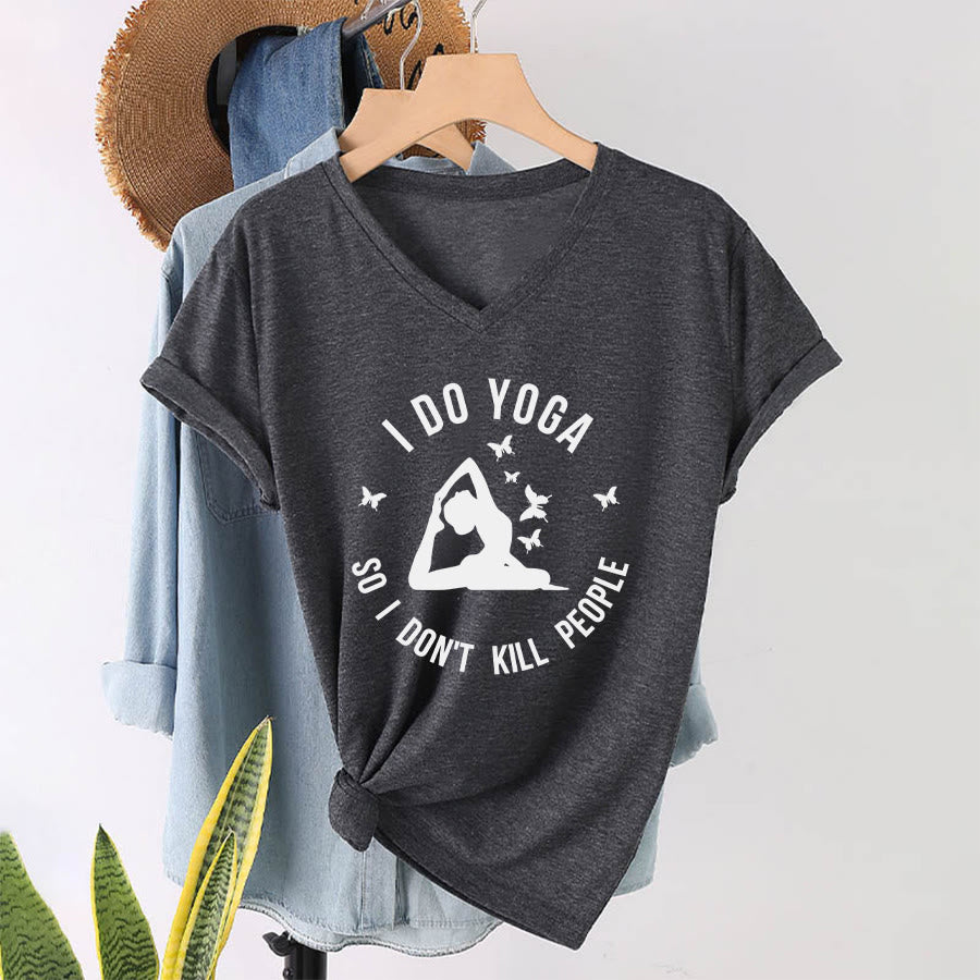 Maglietta da donna con scollo a V Olivenorma con scritta divertente "I Do Yoga Butterfly Crescent Text Graphic". - image 22