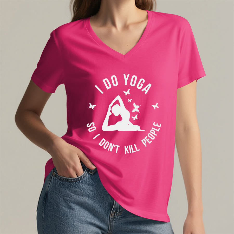 Maglietta da donna con scollo a V Olivenorma con scritta divertente "I Do Yoga Butterfly Crescent Text Graphic". - image 38