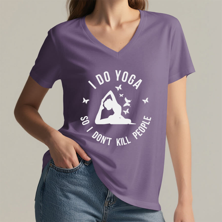 Maglietta da donna con scollo a V Olivenorma con scritta divertente "I Do Yoga Butterfly Crescent Text Graphic". - image 2