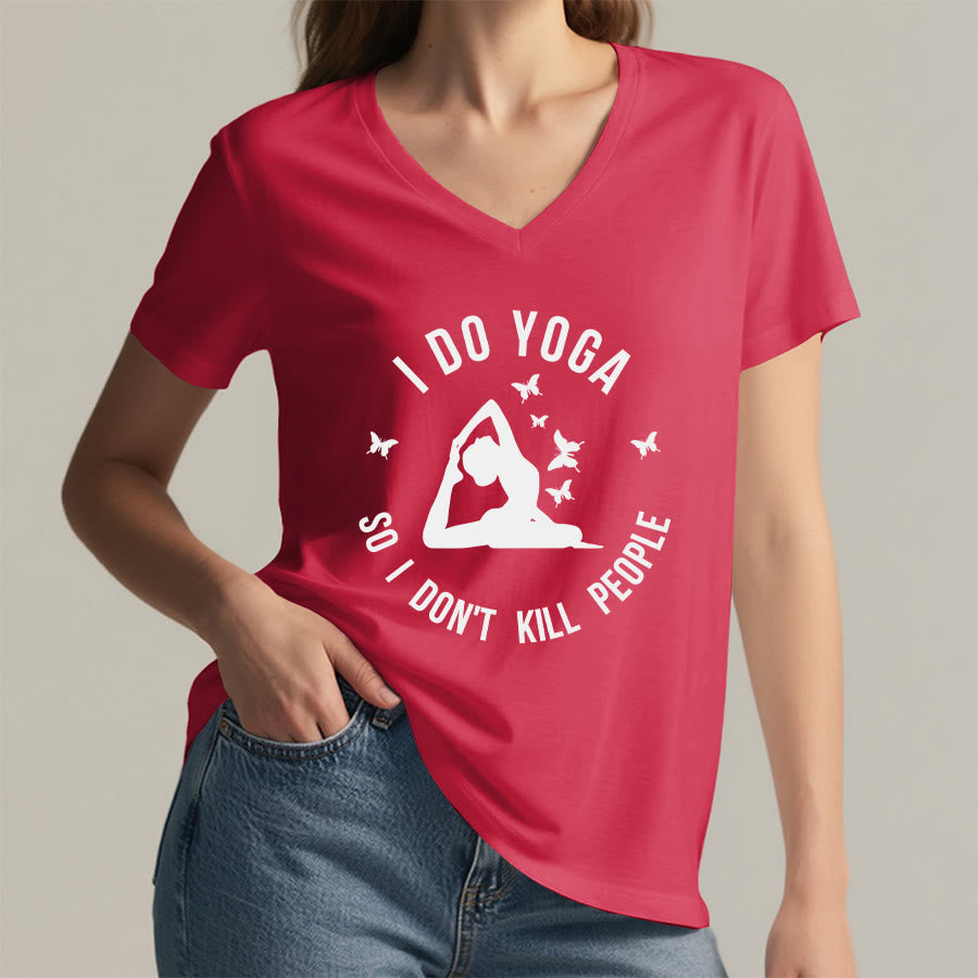 Maglietta da donna con scollo a V Olivenorma con scritta divertente "I Do Yoga Butterfly Crescent Text Graphic". - image 32