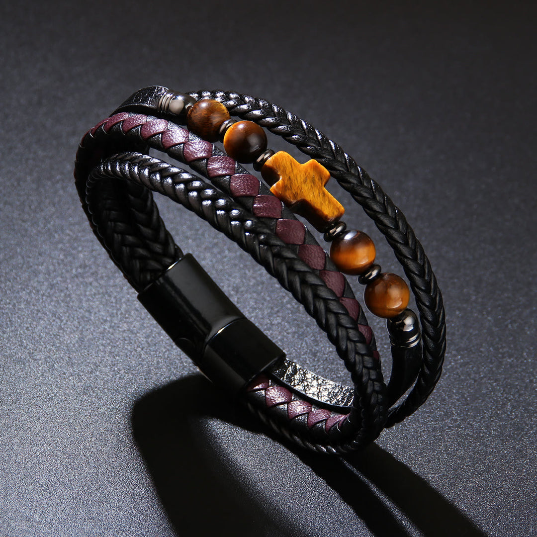 Bracciale da uomo in pelle intrecciata con perline di pietra naturale Olivenorma - Occhio di tigre n. 2 - image 16