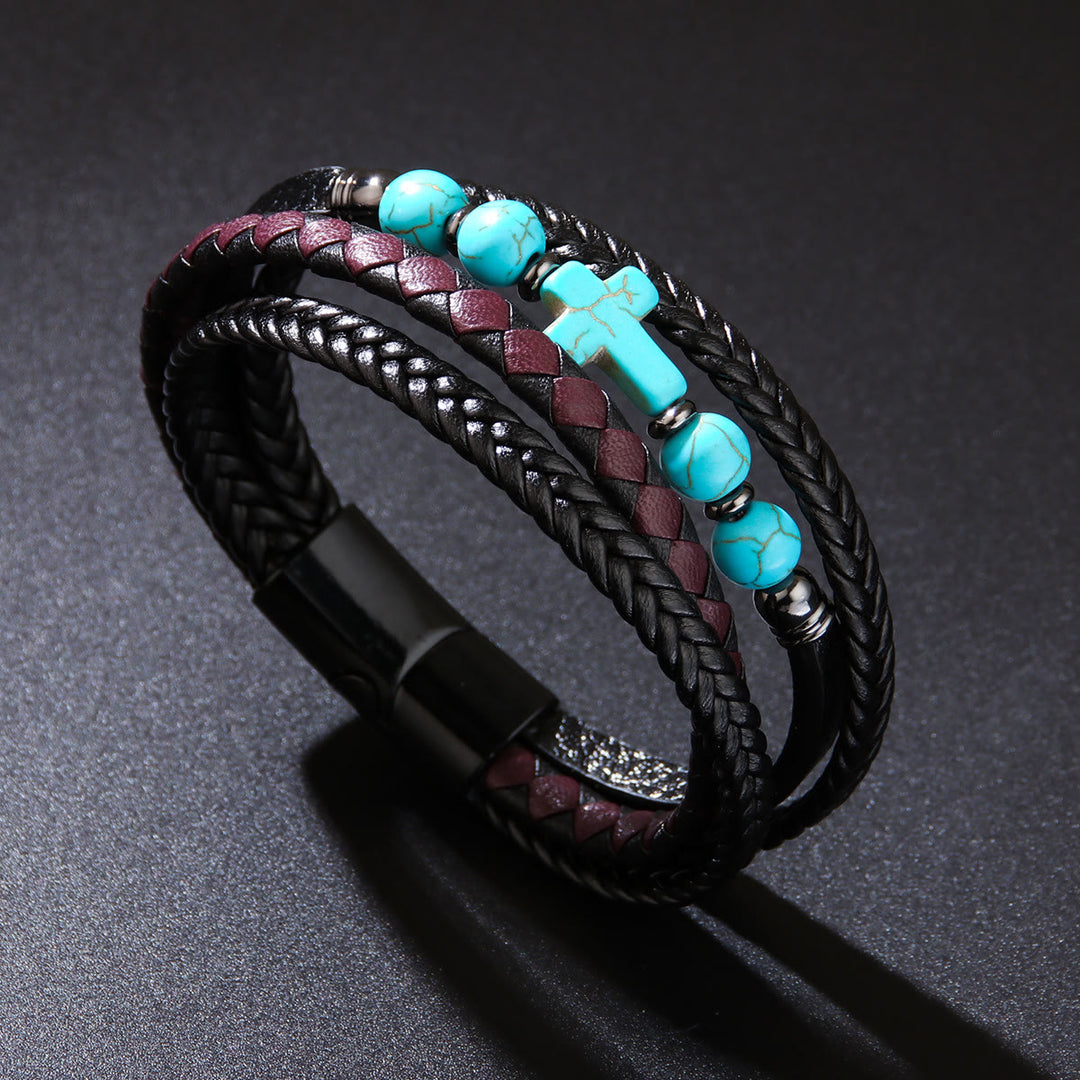 Bracciale da uomo in pelle intrecciata con perline di pietra naturale Olivenorma - Turchese - image 15