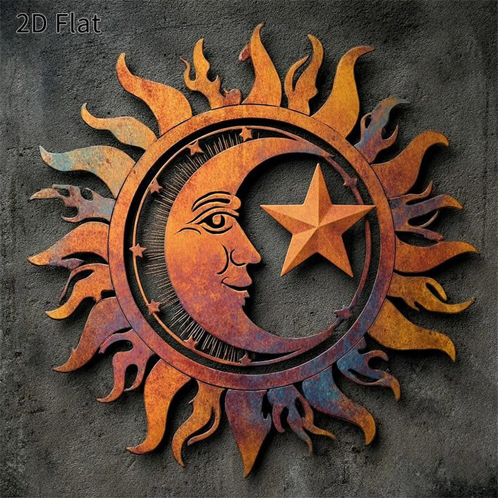 Decorazione murale in metallo 2D cava Olivenorma sole, luna e stelle in stile rustico. - 38 cm*38 cm*1,2 mm - image 0