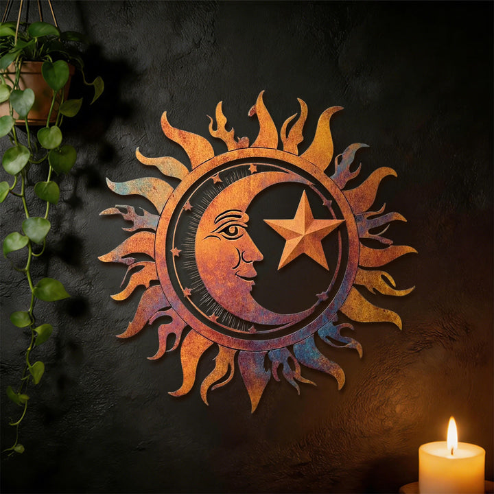 Decorazione murale in metallo 2D cava Olivenorma sole, luna e stelle in stile rustico. - image 5