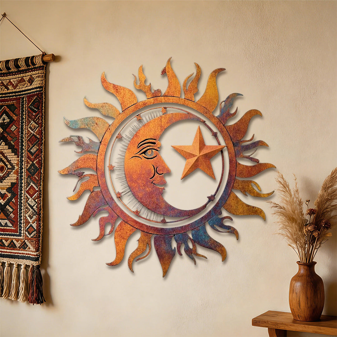 Decorazione murale in metallo 2D cava Olivenorma sole, luna e stelle in stile rustico. - image 2
