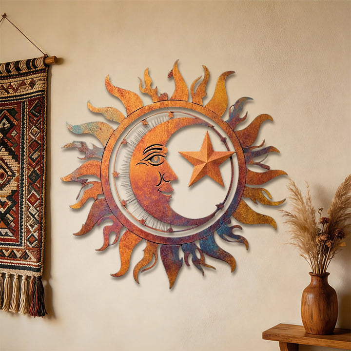 Decorazione murale in metallo 2D cava Olivenorma sole, luna e stelle in stile rustico. - image 2