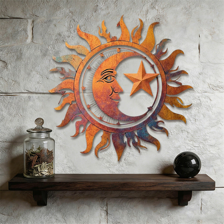 Decorazione murale in metallo 2D cava Olivenorma sole, luna e stelle in stile rustico. - image 1