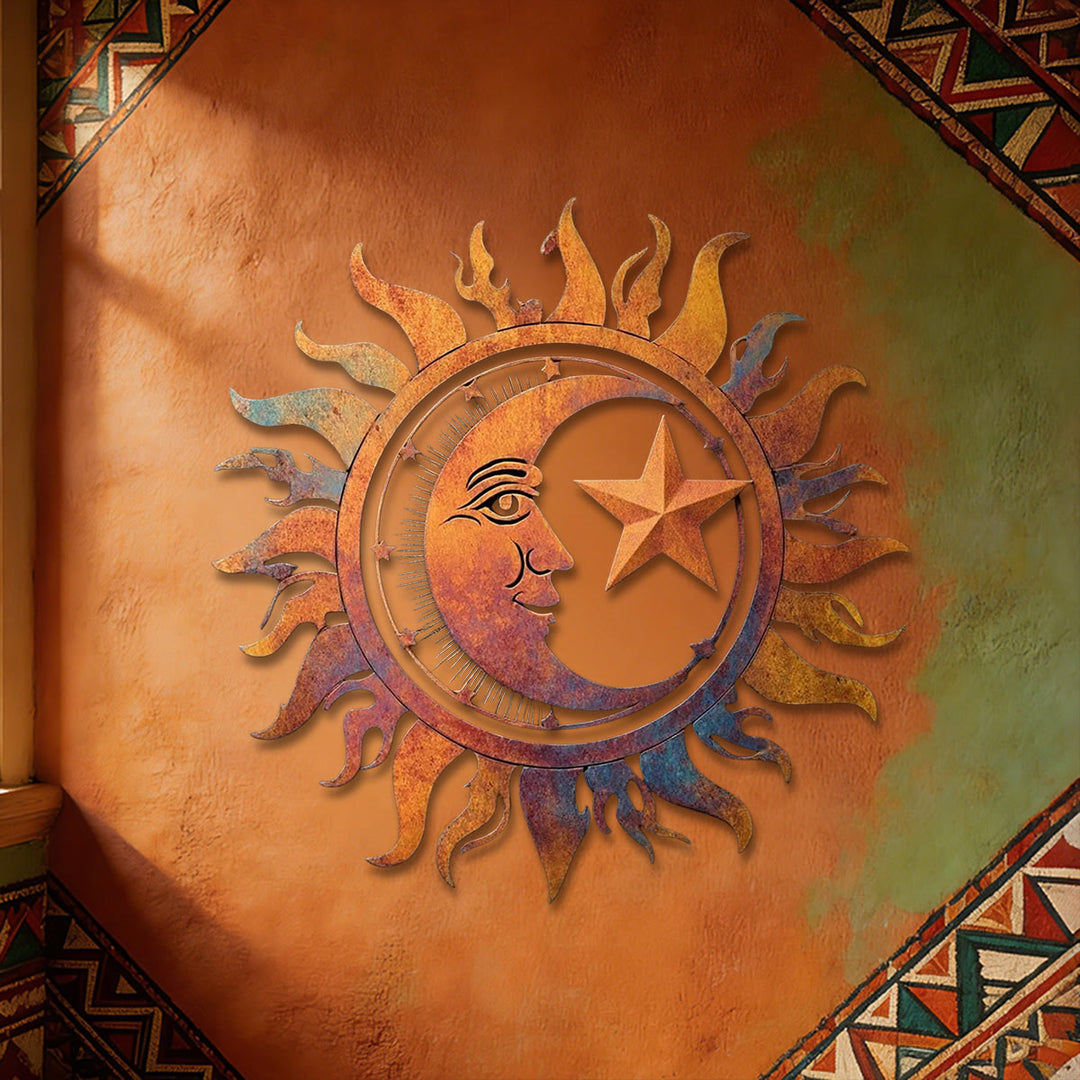 Decorazione murale in metallo 2D cava Olivenorma sole, luna e stelle in stile rustico. - image 4