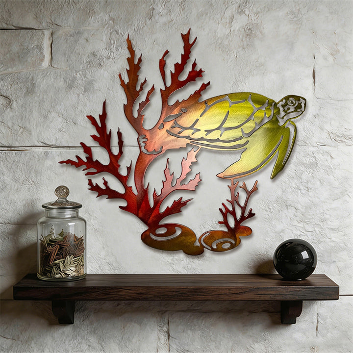 Decorazione da parete in metallo 2D Olivenorma con tartaruga marina e gradiente di corallo. - Rosso - 41,5 cm * 38 cm * 1,2 mm - image 6