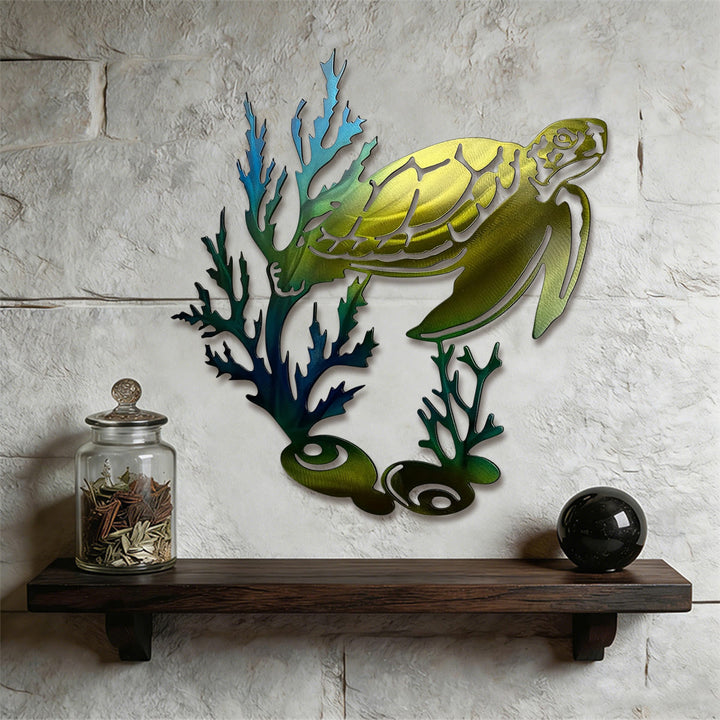 Decorazione da parete in metallo 2D Olivenorma con tartaruga marina e gradiente di corallo. - Blu - 41,5 cm * 38 cm * 1,2 mm - image 0