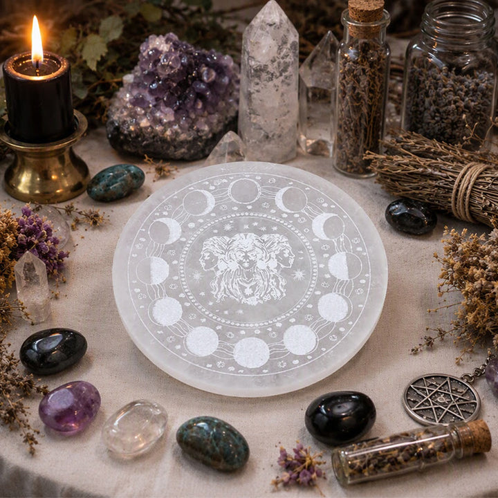 Piastra di ricarica in selenite incisa con la Dea della Tripla Luna Olivenorma - image 3