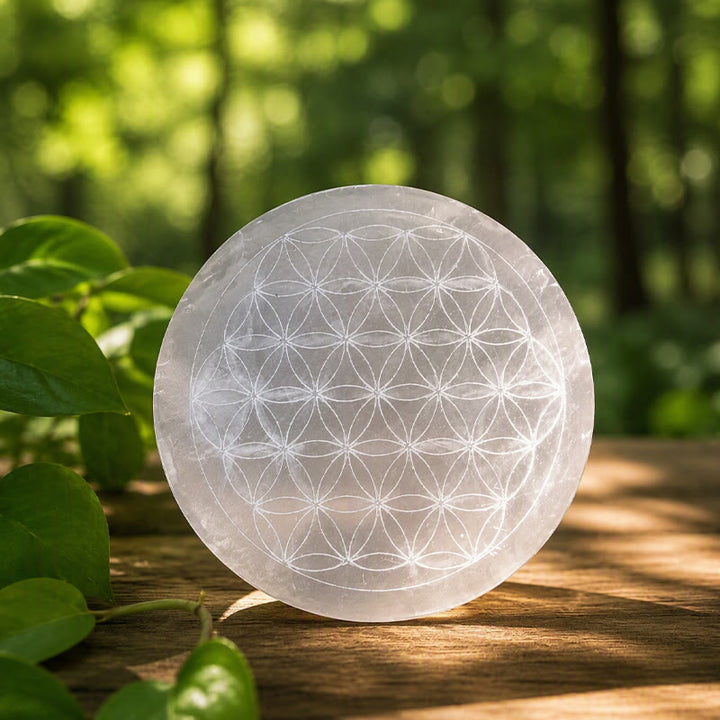 Piastra di ricarica in selenite incisa con il Fiore della Vita Olivenorma - image 1