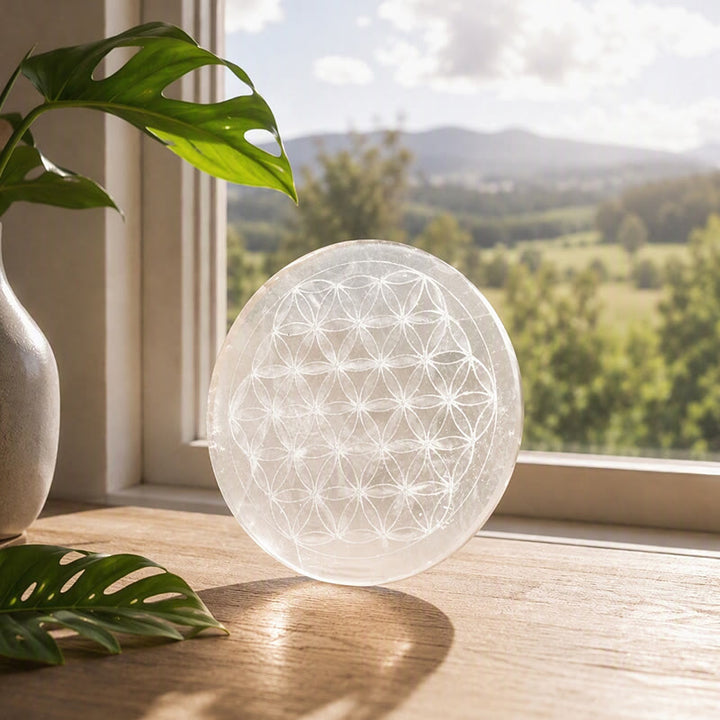 Piastra di ricarica in selenite incisa con il Fiore della Vita Olivenorma - image 4